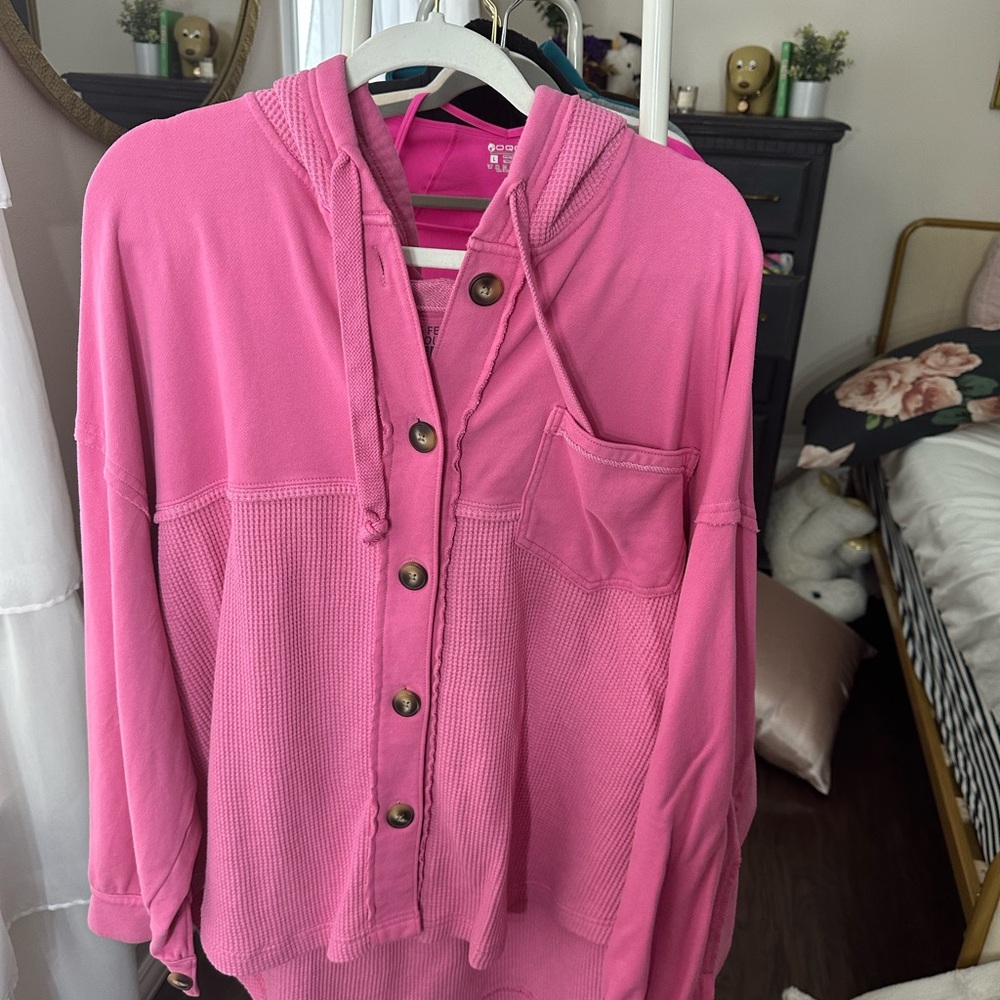 American Eagle Outfitters Pink Hoodie with Buttons